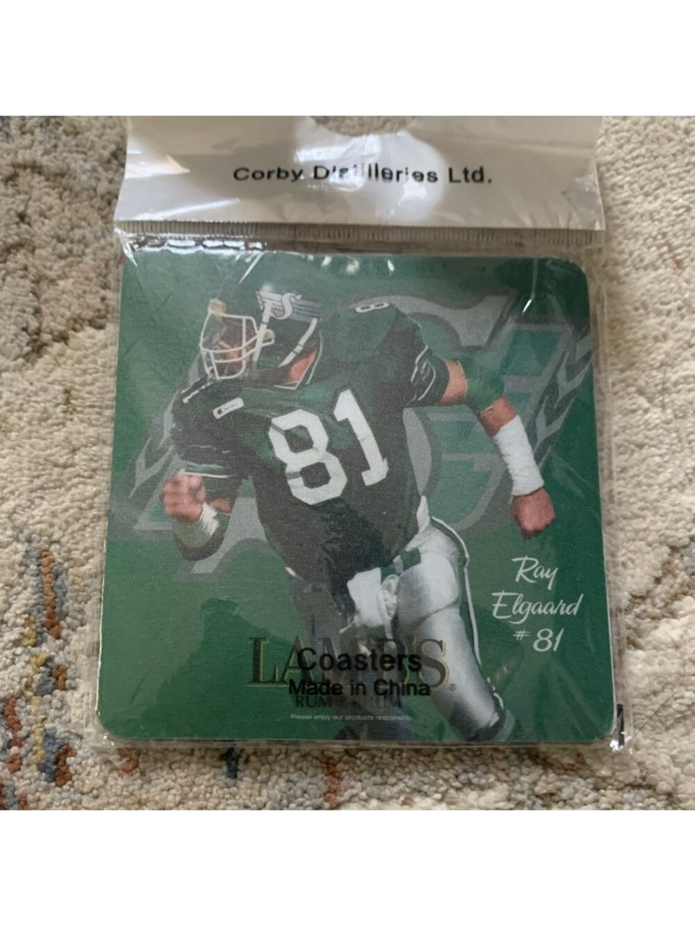 Ray Elgaard Saskatchewan Roughriders Coaster Lamb’s Corby Distilleries